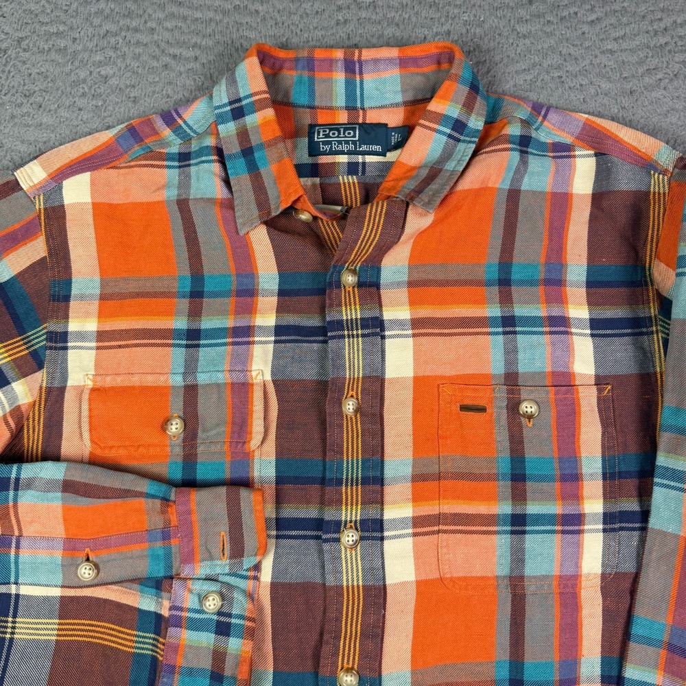 Polo Ralph Lauren Shirt Mens L Orange Plaid Flannel Silk Linen Blend Pockets